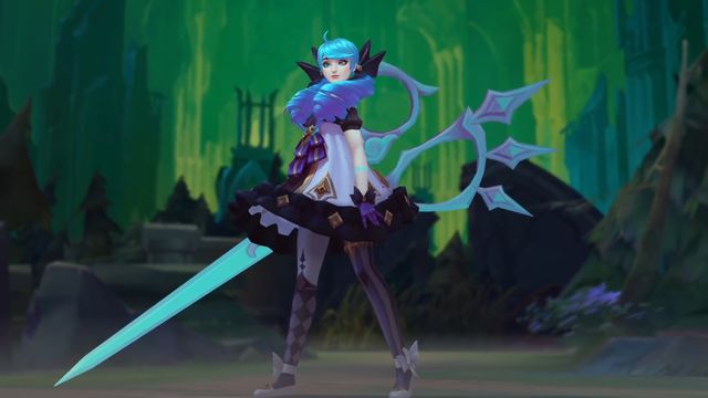 League of Legends - Gwen, a blue haired girl with an elaborate dress and mis-matched stockings, poses with her giant pair of spectral scissors.