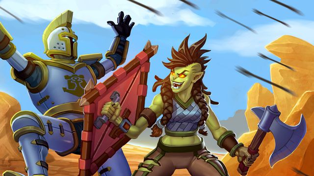 Hearthstone - the Frostwolf orc Rokara uses her kite shield to bash aside an armored footman in the Barrens.