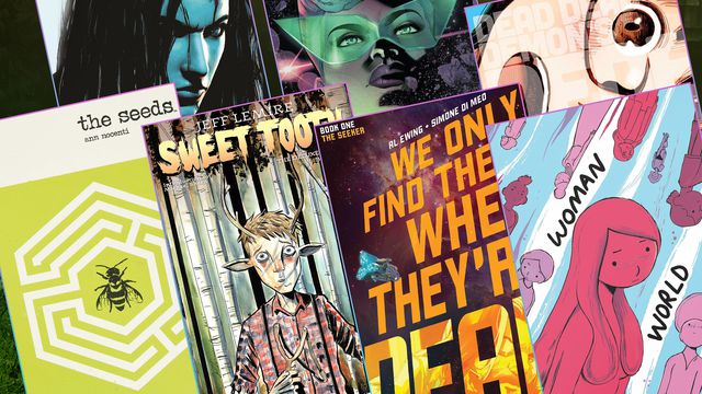 Illustration of a grid of seven different sci-fi comic book covers