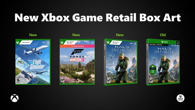 lineup showing how Xbox game case labeling has changed in 2021. Three new cases at left, with an older one at far right.