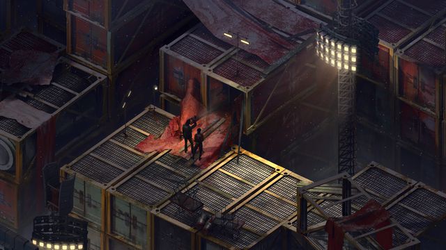 Screenshot from Disco Elysium, showing two men outside a warehouse of packing containers