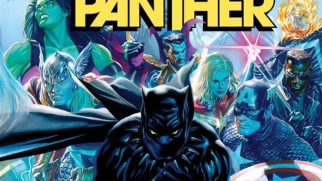 The Black Panther crouches astride the planet Earth with the Avengers assembled behind him on the cover of Black Panther #1 (2021). 