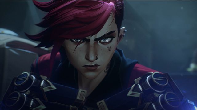 Vi from Arcane looking at the camera in a still from the Netflix show