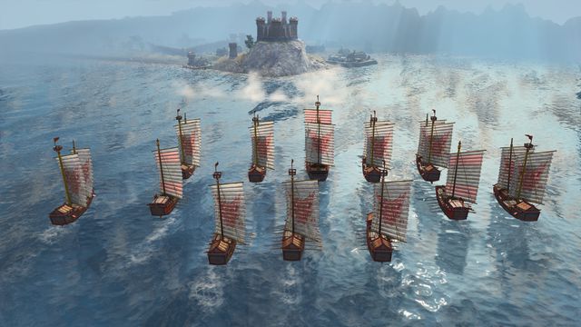 Ships sail toward a castle in Age of Empires 4