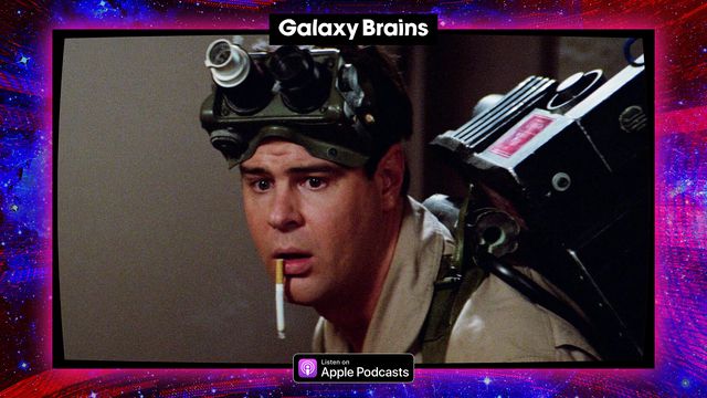 Graphic frame surround a photo of Dan Ackroyd from the from the movie, Ghostbusters