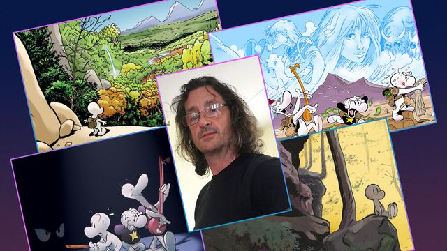 Graphic grid featuring a portrait of the comic book artist Jeff Smith surrounded by four examples of his work
