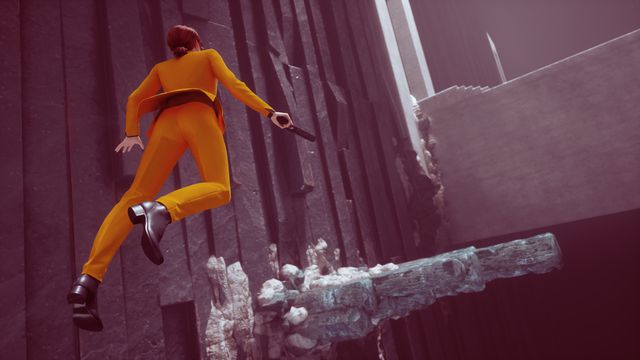 a woman in an orange jumpsuit floats through the air in Control