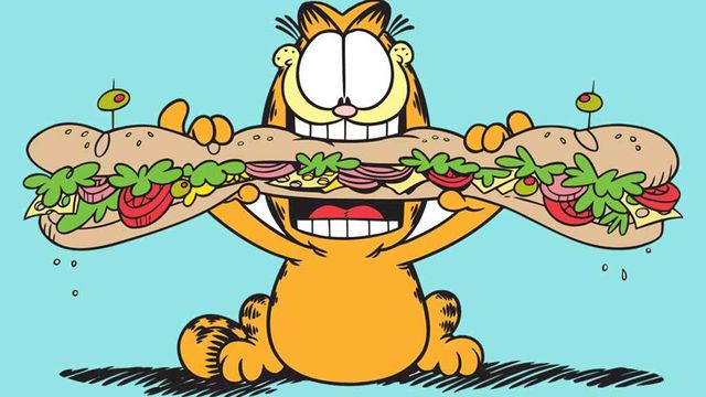 Garfield eats a giant sandwich