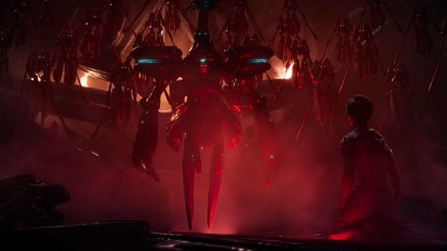 Warframe - a Sentient AI wearing the familiar female human face of the Lotus is surrounded by allies. In the foreground, a child kneels in despair.