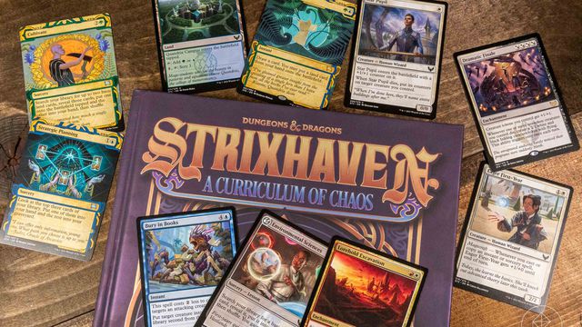 The alternate cover of Strixhaven shown with some Magic: The Gathering cards.