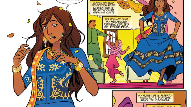 “What is happening!” Kamala Khan/Ms. Marvel gasps as she looks down at her Bollywood-style dress in the colors of her costume in Ms. Marvel: Beyond the Limit #1 (2021).