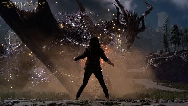 Frey faces a dragon in a screenshot from Forspoken
