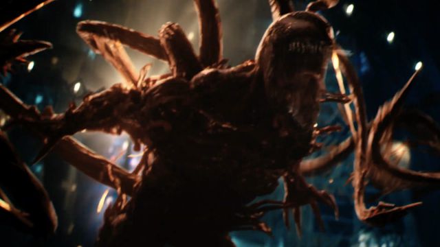 The symbiote Carnage roars with tentacles drawn in Venom: Let There Be Carnage,
