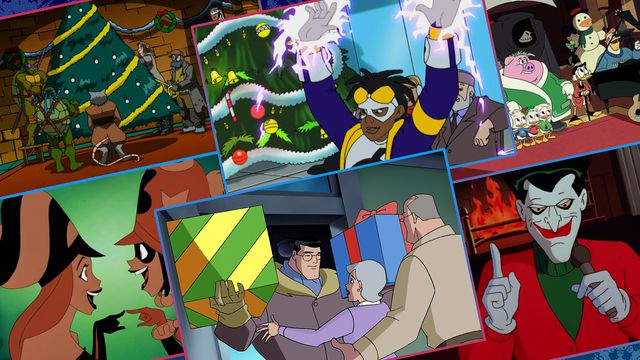 Graphic grid of six stills from Superhero Holiday specials