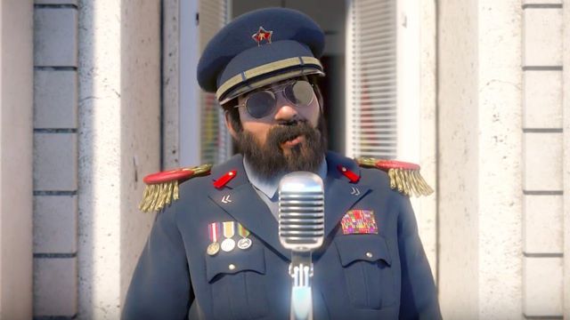 a military dictator speaks into a microphone in front of his presidential mansion